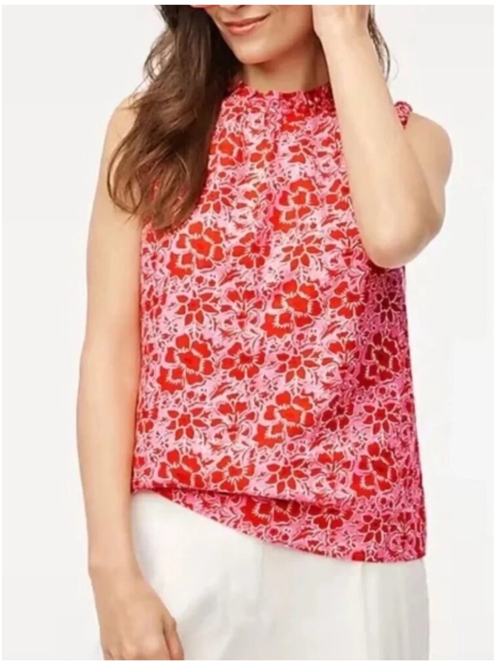 J. Crew Factory Printed Linen Blend Ruffle Neck Top, Azalea/Red Floral, XL
